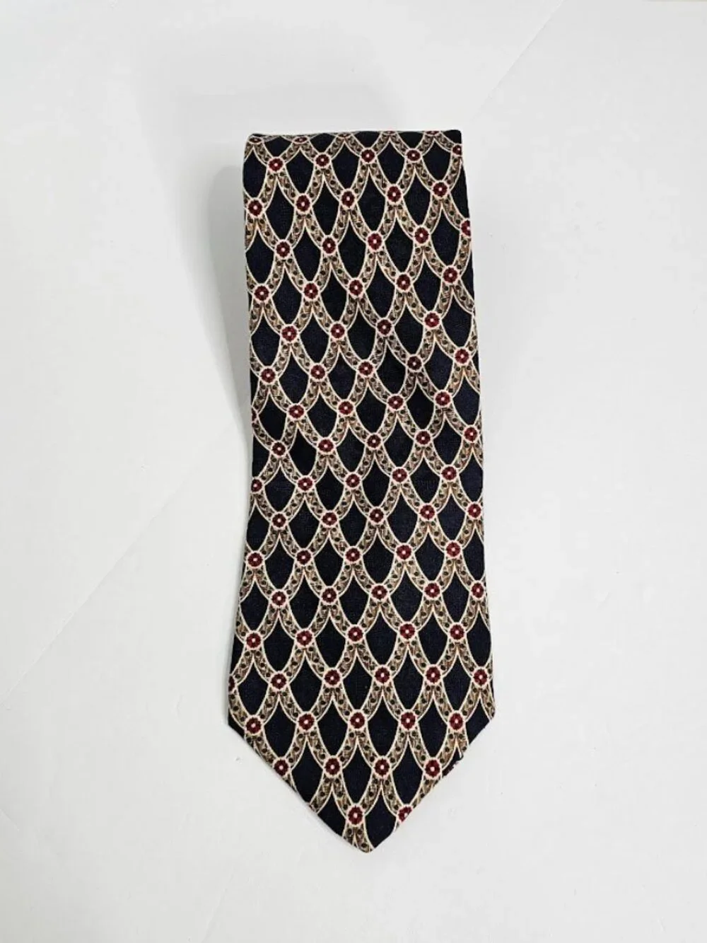 LANDS' END Direct Merchants 100% Silk Tie Necktie BLACK W RED GOLD Geometric 58